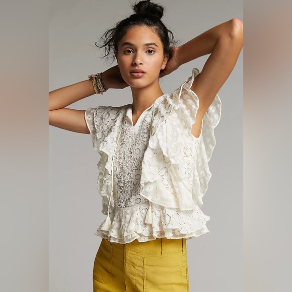 Anthropologie Tops - EUC Verb by Anthropologie Elegant White Lace Beaded Ruffle Bohemian Top